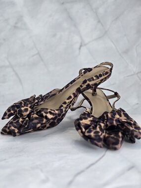 Ann Taylor Leopard Print Slingback Bow Heels - Brown 8 1\5